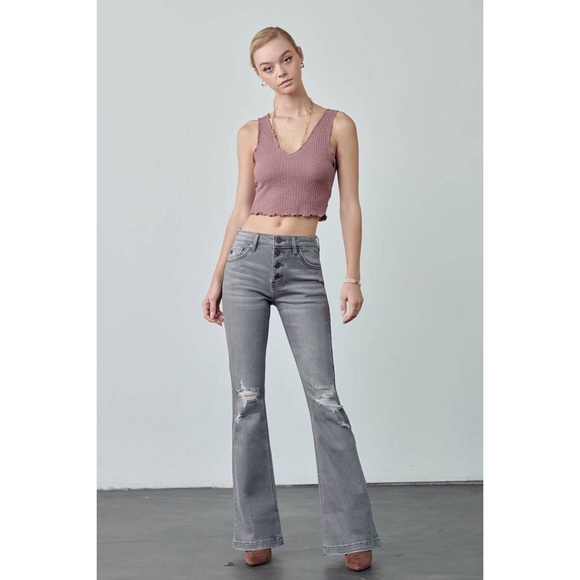 PRICE DROP Opal Light Grey Mid-Rise Flare Jeans - Picture 3 of 11